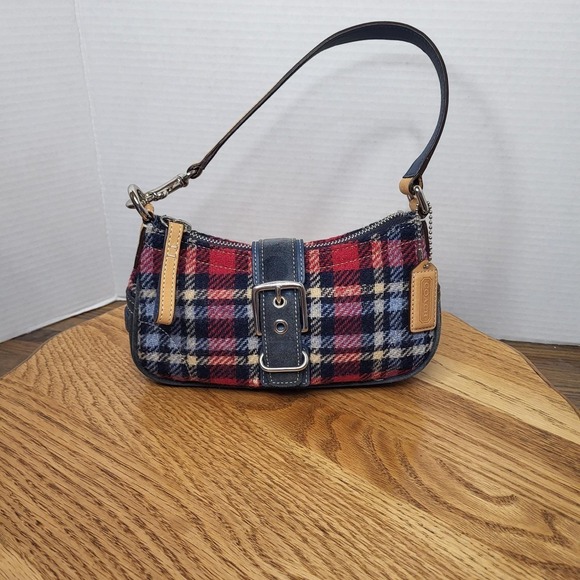 Coach Handbags - Coach Red and Navy Plaid Wool Satchel with Leather Trim